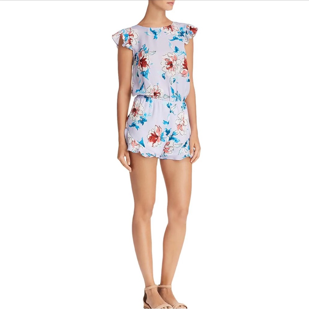 Aqua Floral Print Ruffle Sleeve Romper